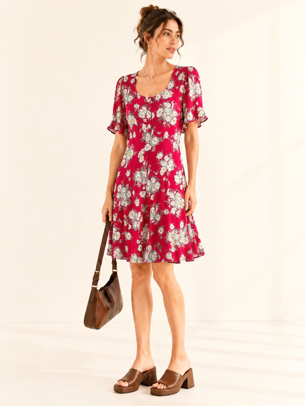 Vintage 90s Rayon Floral Button Front Mini Dress Cherry Red Daisy print Sz M